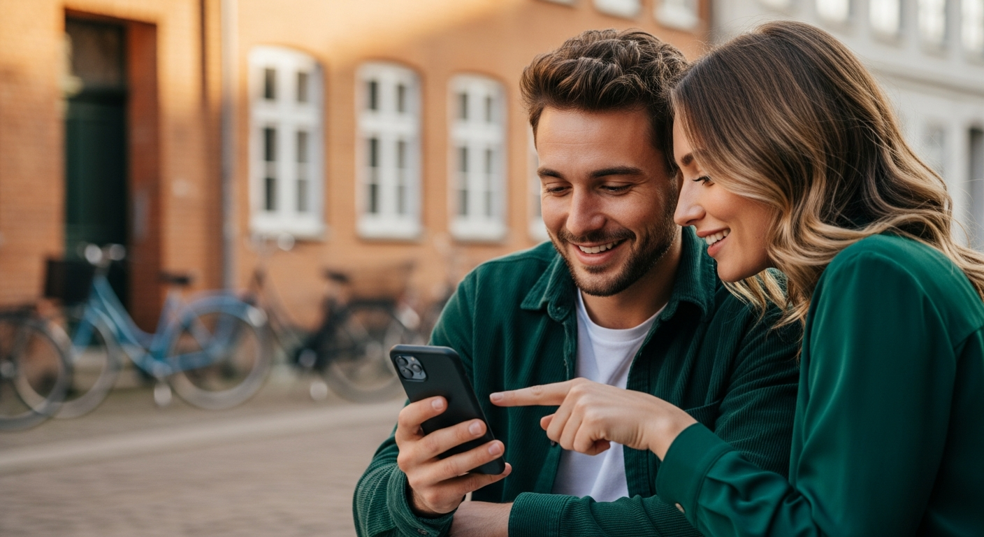 To venner der viser verificeret pakkebesked på mobil